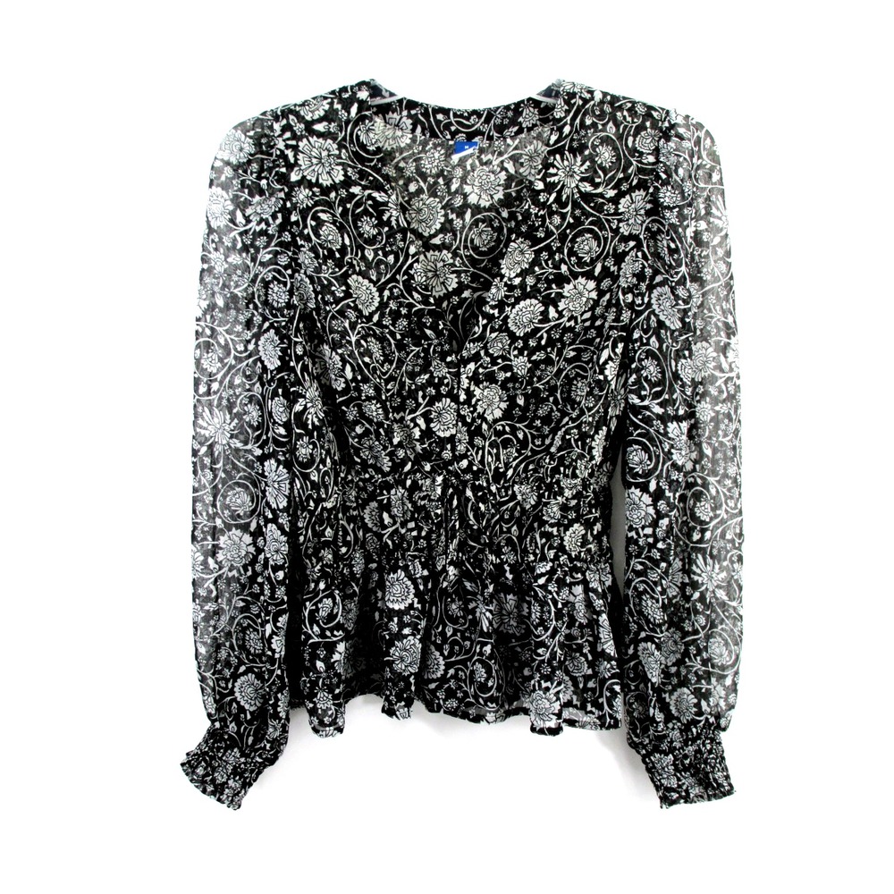 Old Navy Womens Medium Black Floral Peasant Blouse Boho Smocked Puff Sleeve